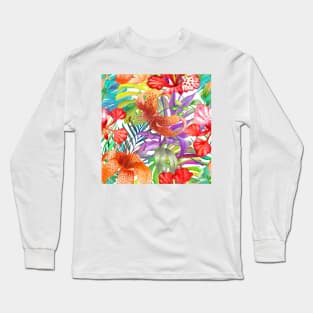 Tropical flowers, palm leaves watercolor colorful print. Lily, Delonix flowers, Monstera, Banana leaf, Cordyline exotic summer jungle print Long Sleeve T-Shirt